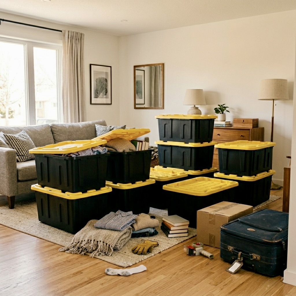 Decluttering living room with storage bins