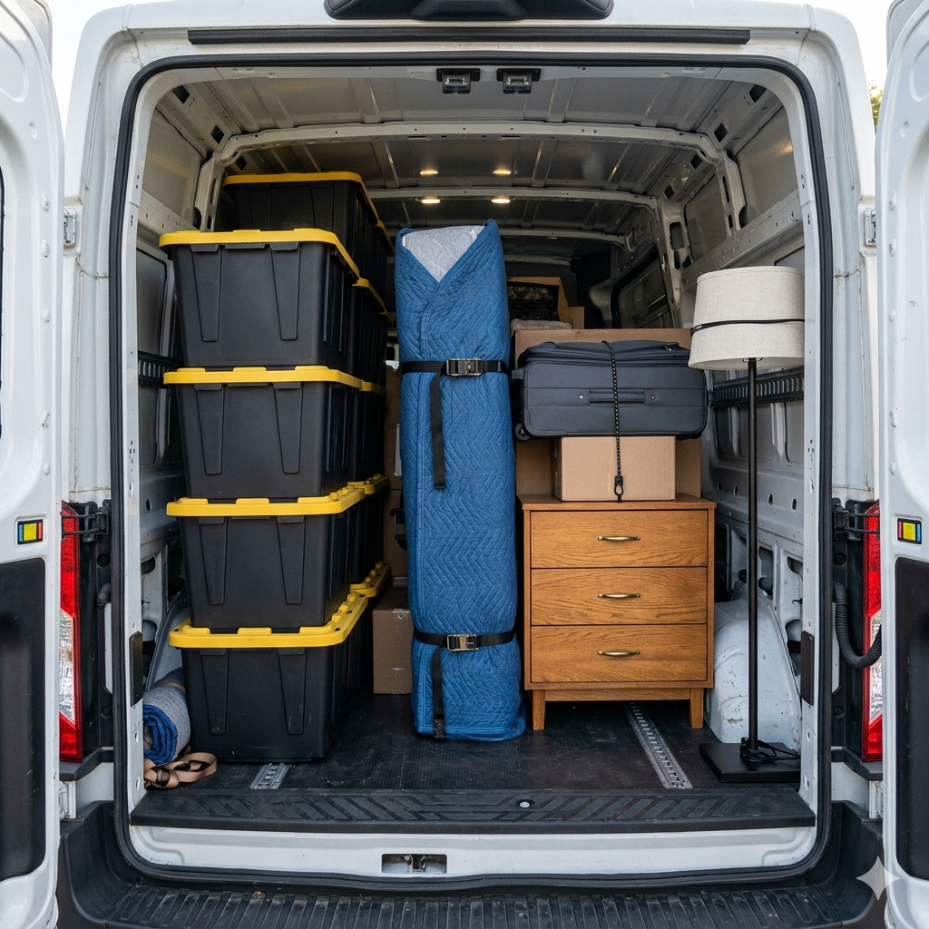 Tucked Away Storage bins and wrapped armchair in a garage