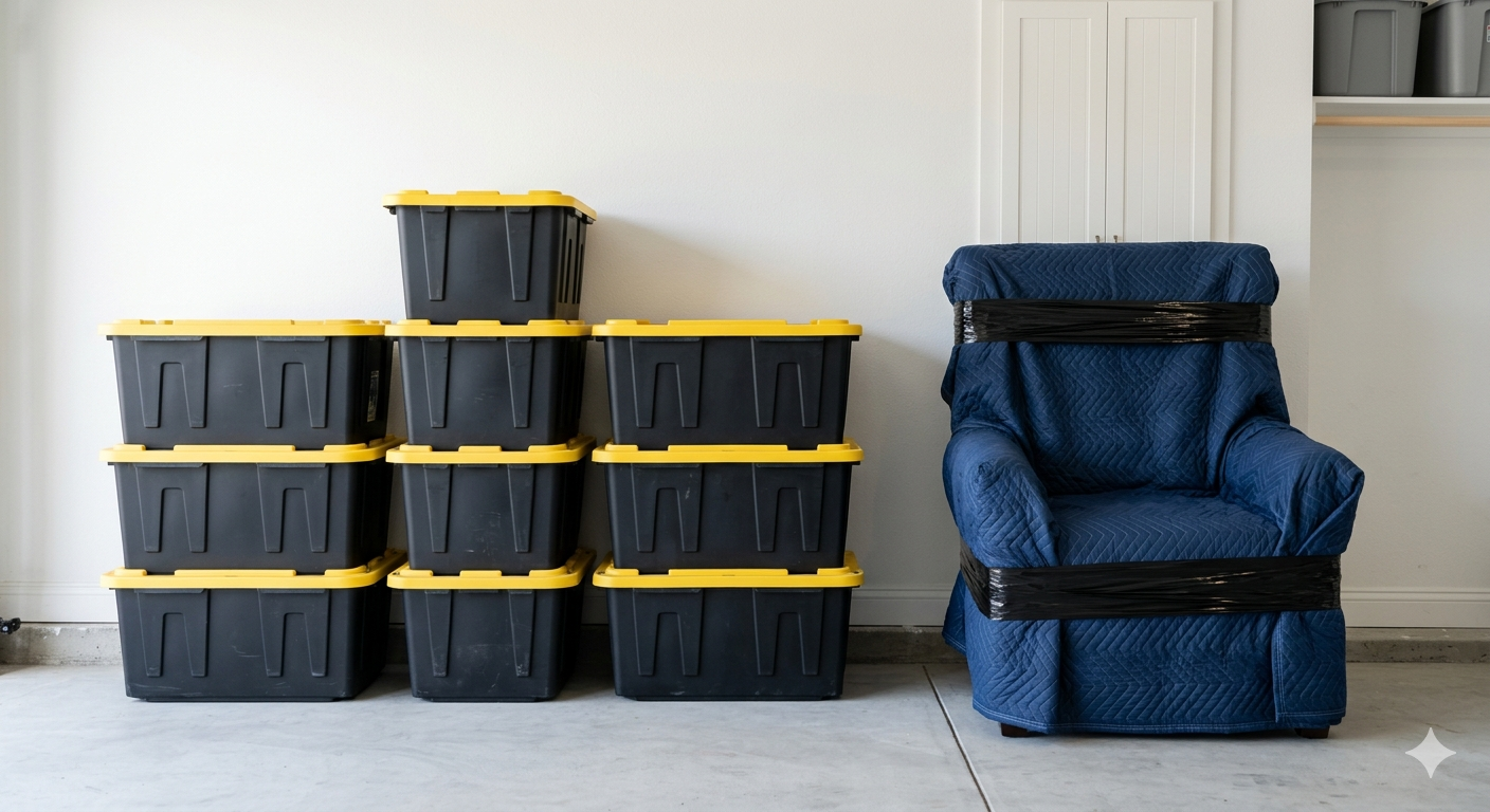 Tucked Away Storage bins beside a wrapped blue armchair